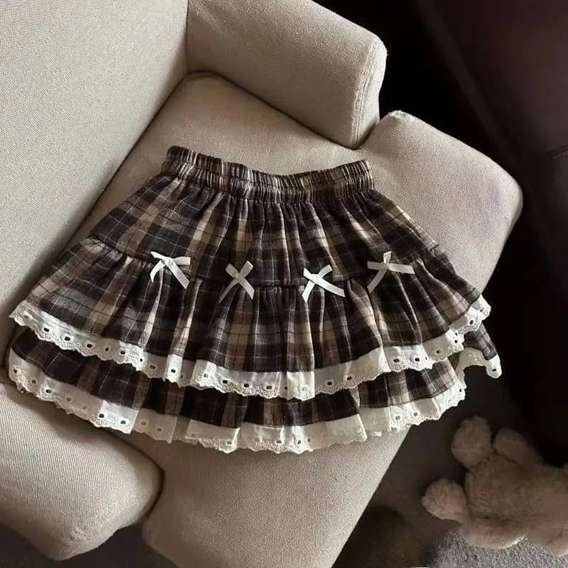 Sweet Cool Kawaii Y2K Puff Mini Skirt Women's Plaid High-Waist Lace Patchwork Bow Casual Dating Skirt Lolita School Performance
