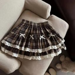 Sweet Cool Kawaii Y2K Puff Mini Skirt Women's Plaid High-Waist Lace Patchwork Bow Casual Dating Skirt Lolita School Performance