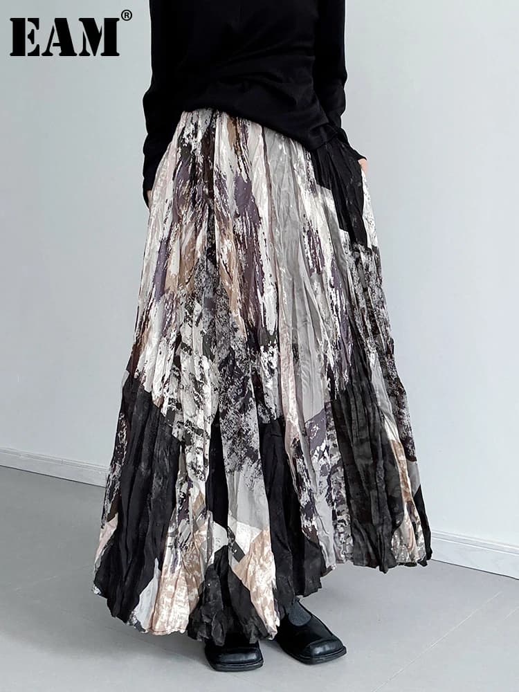 [EAM] High Elastic Waist Printed Pleated Elegant A-line Half-body Skirt Women Fashion Tide New Spring Autumn 2026 1DJ5417