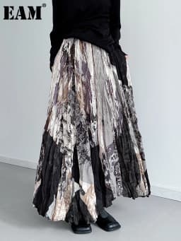 [EAM] High Elastic Waist Printed Pleated Elegant A-line Half-body Skirt Women Fashion Tide New Spring Autumn 2026 1DJ5417