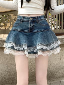 Women Fashion Streetwear Ruffles Kawaii Lace Skirts Shorts Preppy School Pleated Jeans Skirt 2025 Summer Mini Y2K Denim Skirt