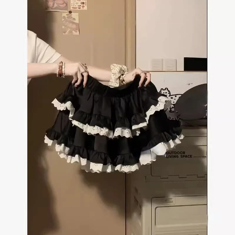 Ballet Style Lace Cake Puffy Black Skirt for Women 2025 New High Waist Loose Casual Lolita Sweet Girl A-line Mini Skirt Chic