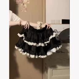 Ballet Style Lace Cake Puffy Black Skirt for Women 2025 New High Waist Loose Casual Lolita Sweet Girl A-line Mini Skirt Chic