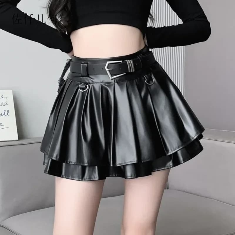New Pleated Leather Skirts Women Korean High-waisted Solid A-line High Street Fashion Basics Short Skirt Female