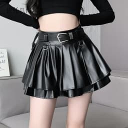New Pleated Leather Skirts Women Korean High-waisted Solid A-line High Street Fashion Basics Short Skirt Female
