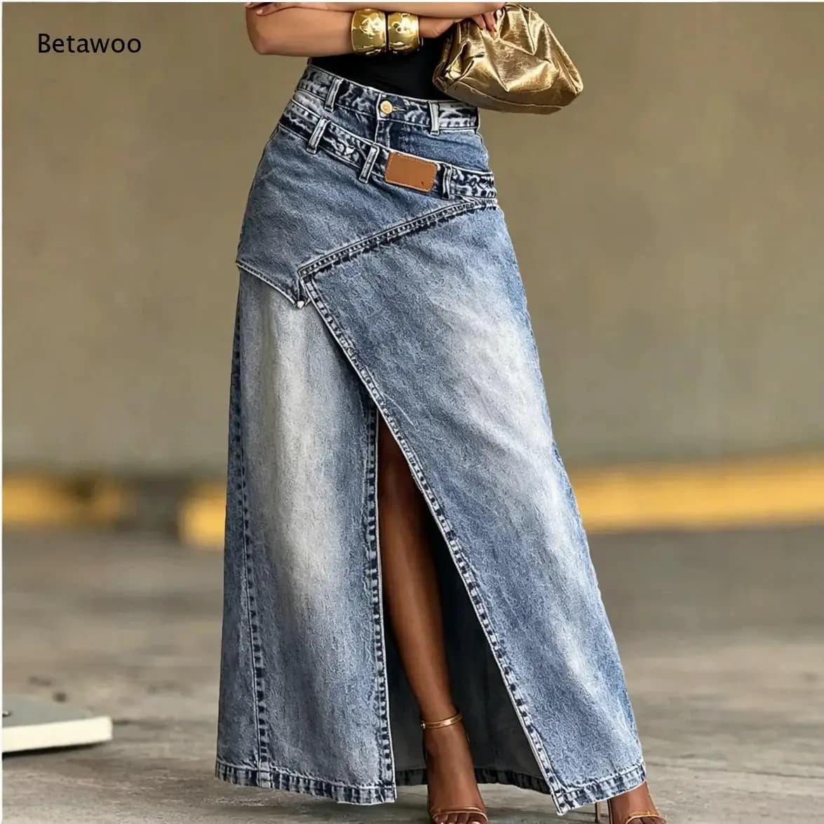 Ladies Vintage Washed Denim Long Skirt Irregular Overlap Design High Split Maxi Skirt High Waist Fashion Casual
