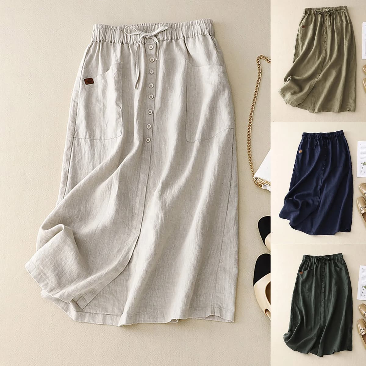 Korean Fashion Women Linen Skirts Button Split Skirt Solid High Waist A Line Skirt Mid Length Casual Skirts For Beach Holiday