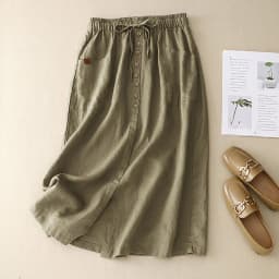 Korean Fashion Women Linen Skirts Button Split Skirt Solid High Waist A Line Skirt Mid Length Casual Skirts For Beach Holiday