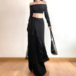 Y2K Black Long Skirt Women Harajuku Gothic Lace Asymmetrical Maxi Skirts Summer Korean Ruffles Patchwork Bandage Design Faldas