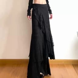 Y2K Black Long Skirt Women Harajuku Gothic Lace Asymmetrical Maxi Skirts Summer Korean Ruffles Patchwork Bandage Design Faldas