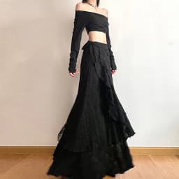 Y2K Black Long Skirt Women Harajuku Gothic Lace Asymmetrical Maxi Skirts Summer Korean Ruffles Patchwork Bandage Design Faldas