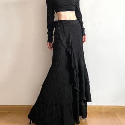 Y2K Black Long Skirt Women Harajuku Gothic Lace Asymmetrical Maxi Skirts Summer Korean Ruffles Patchwork Bandage Design Faldas