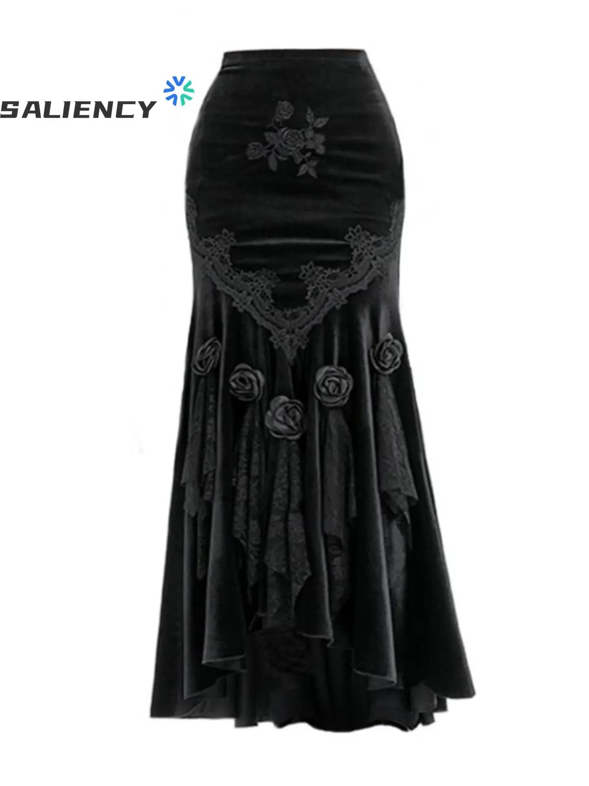 SALIENCY Ghost Girl Black Vintage Gothic Velvet Fishtail Skirt Dark Asymmetrical Skirt Fall Winter Long Dress