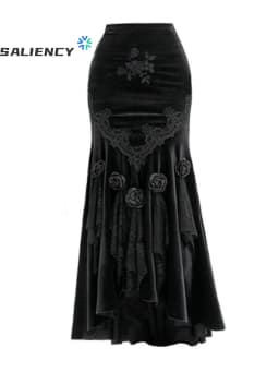 SALIENCY Ghost Girl Black Vintage Gothic Velvet Fishtail Skirt Dark Asymmetrical Skirt Fall Winter Long Dress