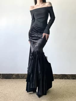 SALIENCY Ghost Girl Black Vintage Gothic Velvet Fishtail Skirt Dark Asymmetrical Skirt Fall Winter Long Dress