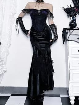 SALIENCY Ghost Girl Black Vintage Gothic Velvet Fishtail Skirt Dark Asymmetrical Skirt Fall Winter Long Dress