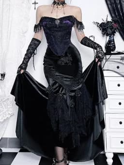SALIENCY Ghost Girl Black Vintage Gothic Velvet Fishtail Skirt Dark Asymmetrical Skirt Fall Winter Long Dress