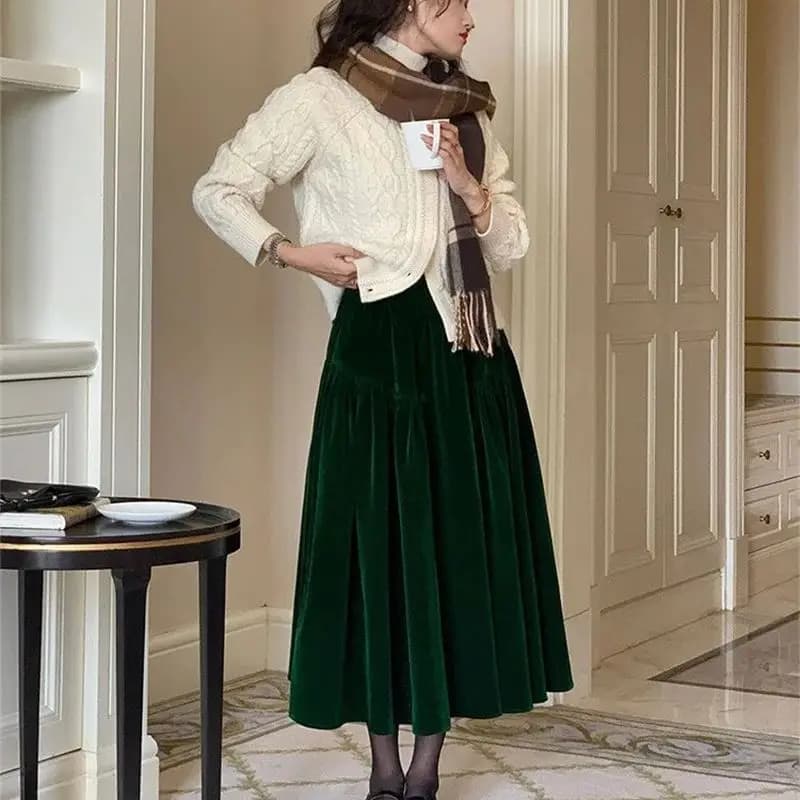 French Vintage Velvet Skirt New Autumn Winter Thick Women's High Waist A-Line Party Jupe Solid Color Folds Midi Faldas 534P