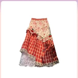 Strawberry Sweetheart Pastoral Artistic style pattern contrasting color lace mid-length for women slimming mid-length dress