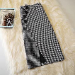 2024 Women's Autumn Winter New Irregular Woolen Skirt High Waist Package Hip Skirt Ladies Houndstooth Plaid Long Skirts B437