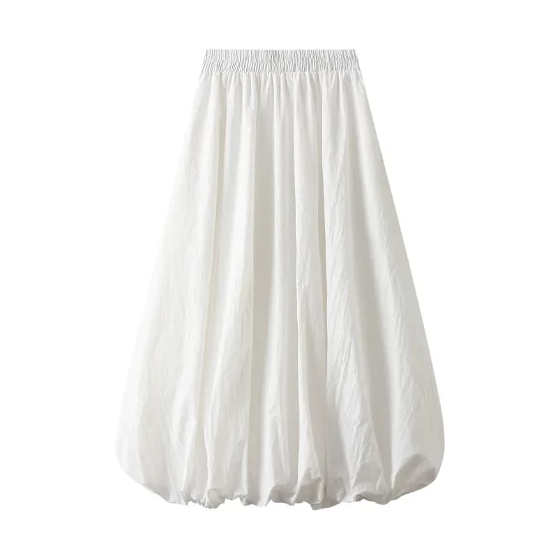 Women Elegant Skirt Women Elastic High Waist Solid Color A-Line Pleated Skirt Puffball Hem Casual Flowy Balloon Bud Midi Skirts