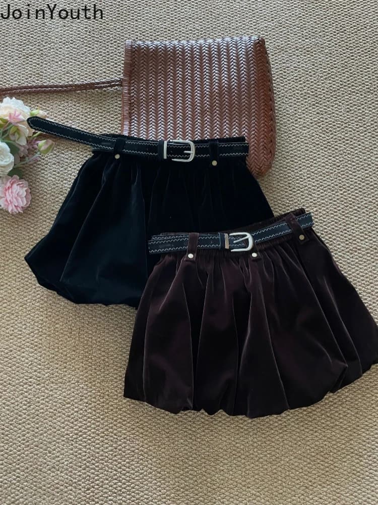 Velvet Skirts for Women 2025 Faldas Mujer De Moda Casual A-line Jupe Solid Color Vintage Korean Saia Thicked Folds Mini Skirt