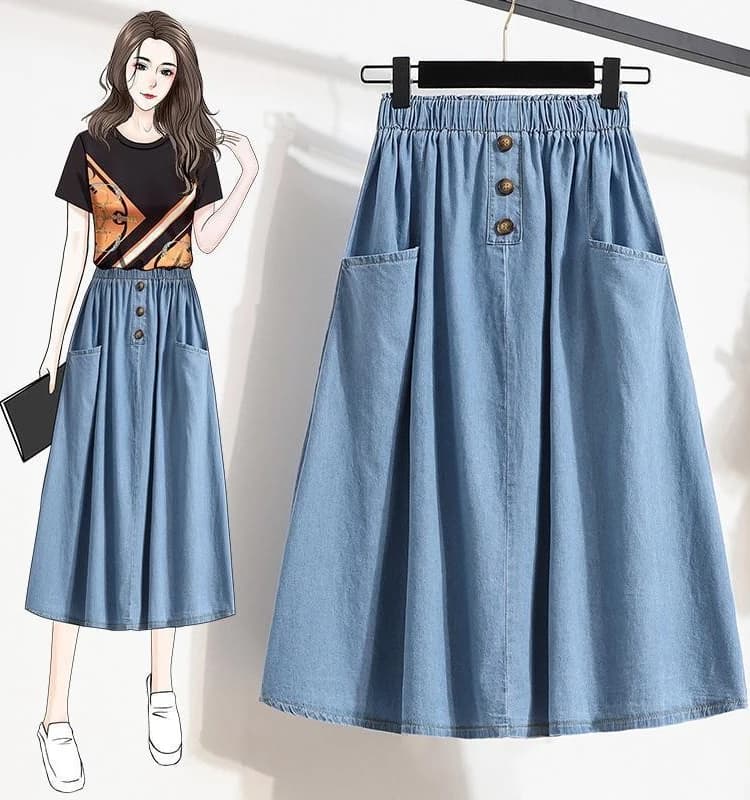High Waist A-Line Midi Denim Skirt plus Size Summer New Style Thin Loose Color Casual Slimming Half-length Skirt