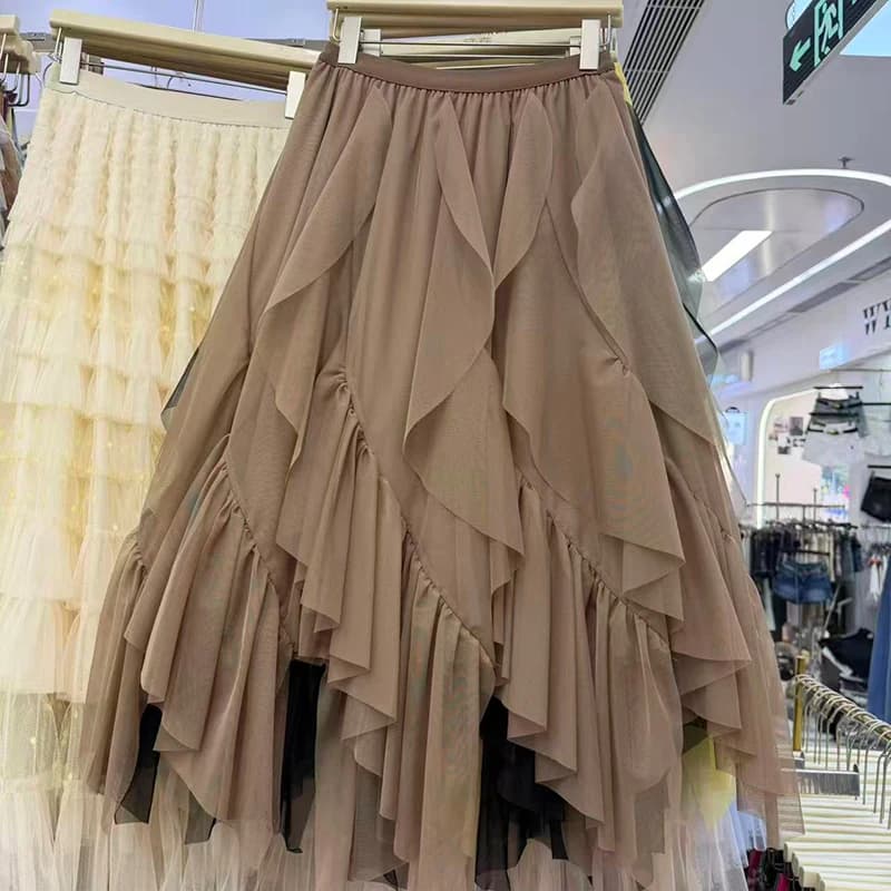 Elegant Petal Fine Mesh Half Skirt Women Spring Summer Irregular Long Fairy Skirt mid Length Korean Style High Waist Elastic