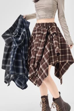 Y2K Plaid Skirt Women Vintage Strappy Asymmetrical Midi High Waist Slimming Casual A Line Short Skirt
