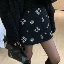 Korean Style Sequined Beaded Mini Skirt Women Elegant Faux Woolen Sexy Bodycon Skirt Fashion Chic Fall Winter Commuter Skirt