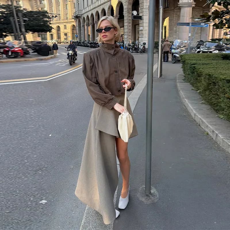 2026 New Women's Grey Asymmetric High-waisted Irregular Hem Midi Skirt Elegant Spring Summer Commuter Street Style Clothing