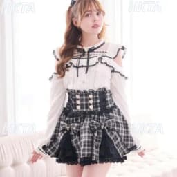 2026 Summer New Liz Skirt Japanese Style Love Buckle Double Bows High Waist Skirts Lace Patchwork Black Plaid Skirt for Women