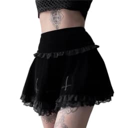 Lamuusaa Punk Gothic Skirt 2000s Women Black Dark Academia Cross Print High Waist Pleated A-line Skirt y2k Vintage Lace Skirts