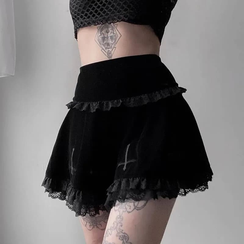 Lamuusaa Punk Gothic Skirt 2000s Women Black Dark Academia Cross Print High Waist Pleated A-line Skirt y2k Vintage Lace Skirts