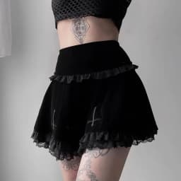 Lamuusaa Punk Gothic Skirt 2000s Women Black Dark Academia Cross Print High Waist Pleated A-line Skirt y2k Vintage Lace Skirts
