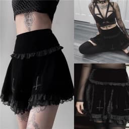 Lamuusaa Punk Gothic Skirt 2000s Women Black Dark Academia Cross Print High Waist Pleated A-line Skirt y2k Vintage Lace Skirts