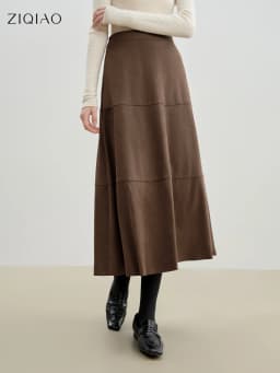 ZIQIAO Petite Size 2025 Women's Vintage Panelled A-Line Midi Skirt Retro Split Hem Long Skirt Elegant High Waist Autumn Winter
