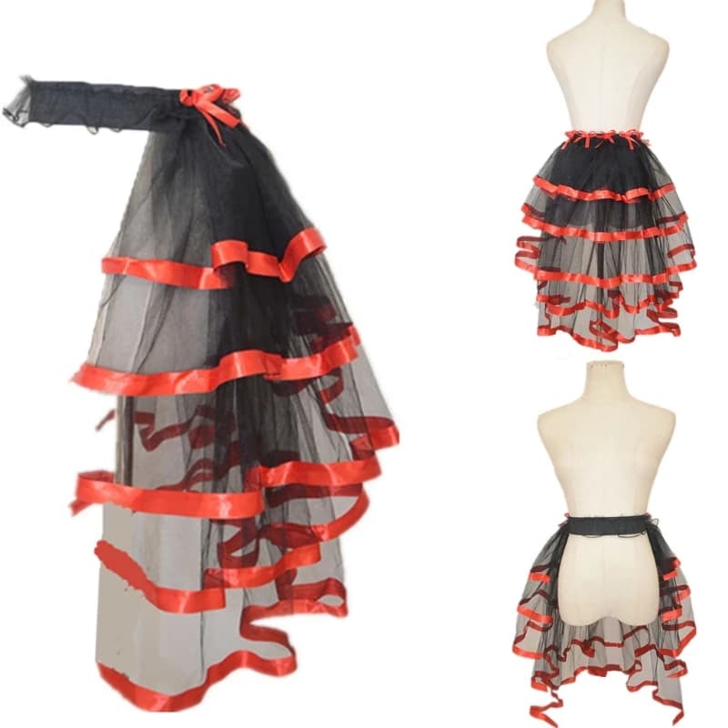 E15F Women's Elastic Waist Layered Long Tulle Skirt Ruffled Mesh Overskirt For Stage Performances Game Wear