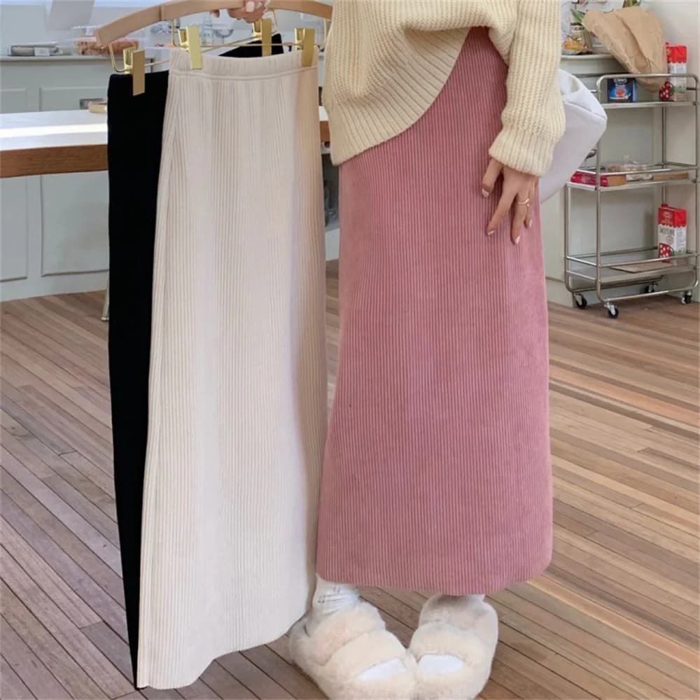 Fashion Corduroy Pink A-Line Skirts Women Korean Elastic High Waist Midi Skirt Women 2023 Autumn Winter Vintage Warm Long Skirt