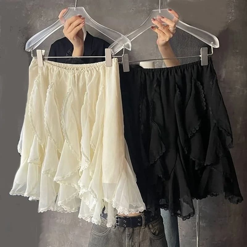 Spring Summer Autumn Elastic High Waist Cake Skirts Irregular Lace Patchwork Skirt for Women Tulle Skirt Chiffon Layered Skirts