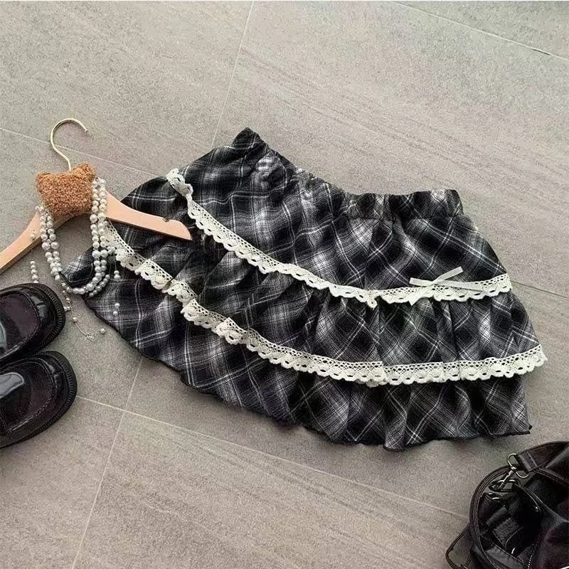 Autumn Woman Vintage Plaid Cake Shirt Spicy Girls Harajuku Sweet Y2k Mini Skirt Japanese Style Fashion Lace Skirt Chic