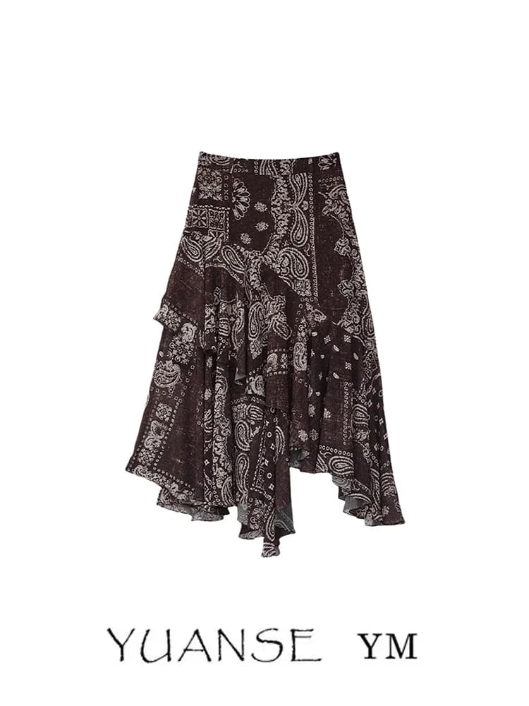Vintage Paisley Midi Skirt Versatile Asymmetrical Print Half-length Women's A-line Skirt Mid-waist Daily Wear Other Materials
