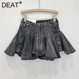 DEAT 3D Cutting Ruffled Edge Denim Skirts For Women 2024 Summer New Fashion Zipper Splicing Pleated Elastic Skirt Female 11A0198