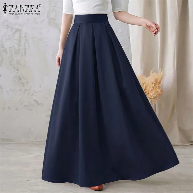 2026 ZANZEA Women Elegant Party Maxi Skirts Spring High Waist Faldas Saia Stylish Long Jupe Solid A-line Pleated Skirt Oversize