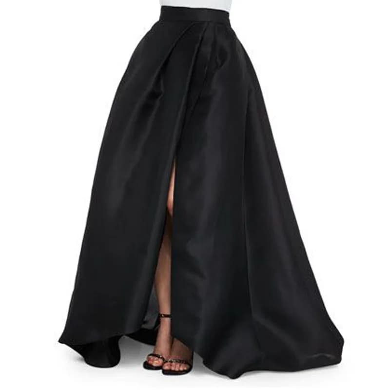 Sexy Black Satin Long Skirts New Design Side Split Chic Invisible Zipper Floor Length Skirts Fashion Women Maxi Saia