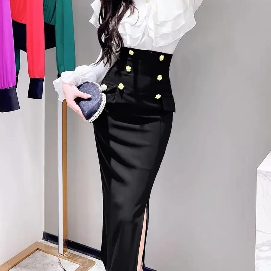 Elegant Satin Black Trumpet Skirts Female Autumn Fashion Slim High Waist Skirts Women 2024 Solid Office Long Skirt Summer C47