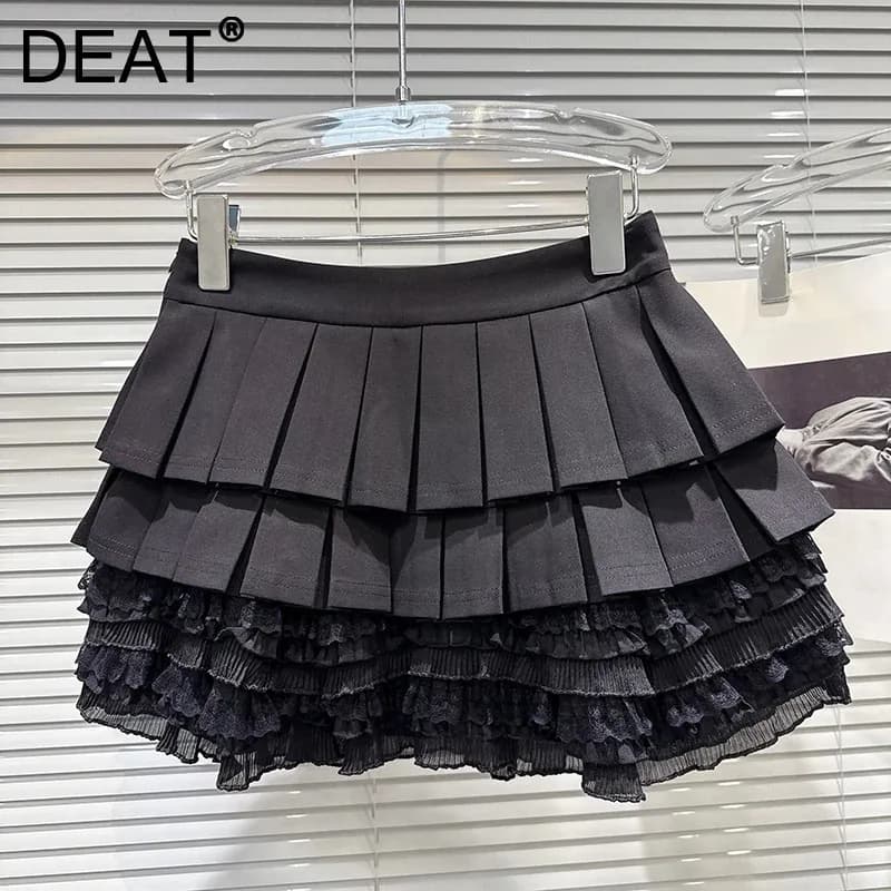 DEAT 2025 Autumn New Sweet Style Lace Patchwork Pleated Skirt For Women Casual Solid Color Cake Skirts Female Trendy 11A06220