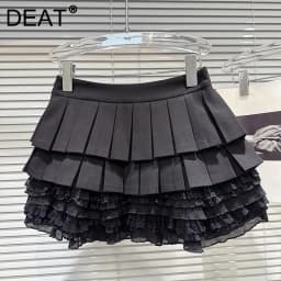 DEAT 2025 Autumn New Sweet Style Lace Patchwork Pleated Skirt For Women Casual Solid Color Cake Skirts Female Trendy 11A06220
