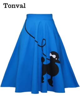 Tonval Pinup 50s Dog Print Kawaii Vintage High Waist Skirts for Women Cotton A Line Knee Length Retro Swing Skirt