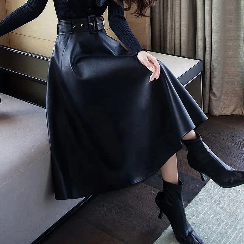 Leather half body mid to long length, 2024 spring slim, big swing A-line high waist umbrella autumn and winter half skirt